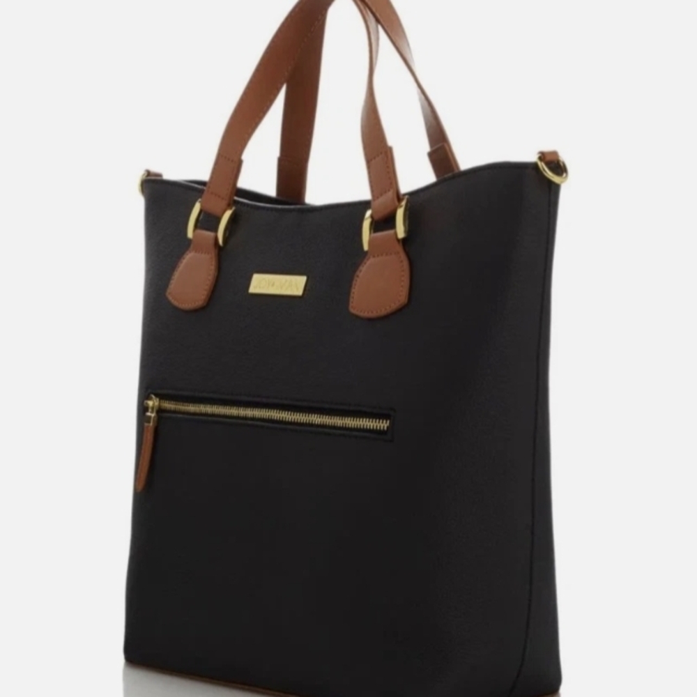 Joy & Iman Leather Black Tote w/ Brown Handles. Multiple Organizational Features